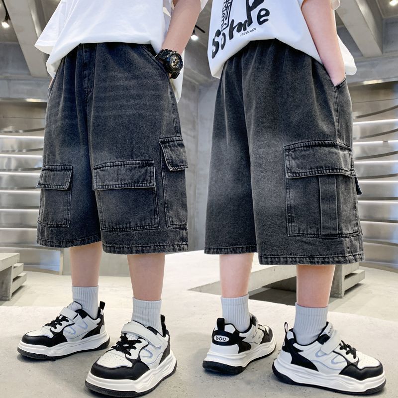 Boys' summer denim shorts: new stylish mid-length shorts for older boys, cool summer workwear-style capris