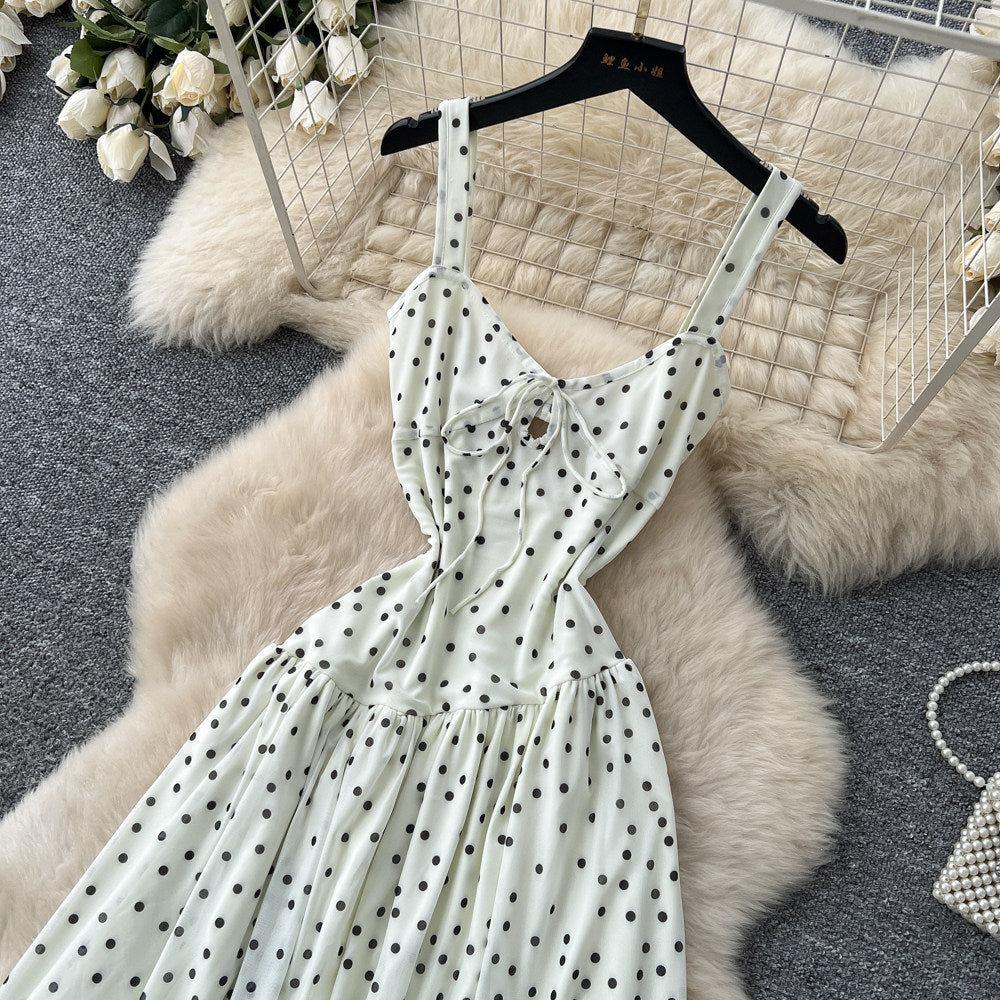 French polka dot suspender pure desire backless dress women's summer k-style sleeveless waist slimming lookelegant long skirt holiday style