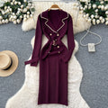 French chic color block double-breasted knit dress with tie waist and long sleeves - women's sweater maxi dress