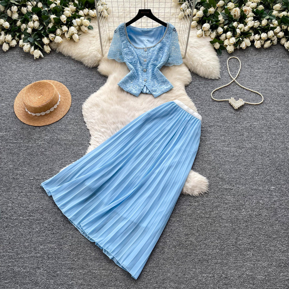French chic lace v-neck tank top & high-waisted pleated skirt set - elegant & sophisticated summer two-piece
