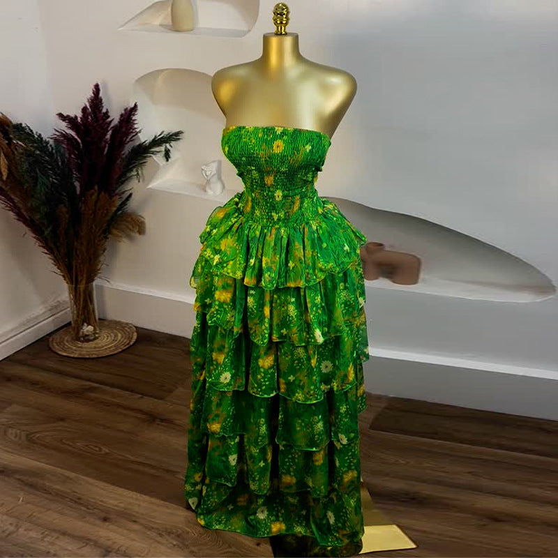 European and american cross-border women's fashion:  summer new arrival - elegant bandeau dress with floral print, ruched detailing, and ruffle hem