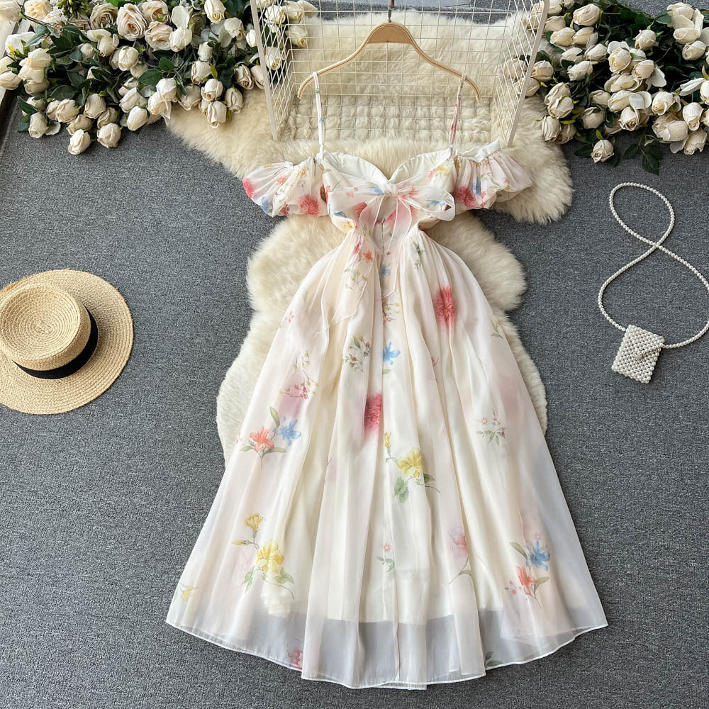 French one-shoulder bandeau slip dress - women's summer soft style, cinched waist, floral print, puff sleeves, mesh fairy dress