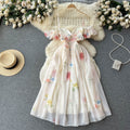 French one-shoulder bandeau slip dress - women's summer soft style, cinched waist, floral print, puff sleeves, mesh fairy dress