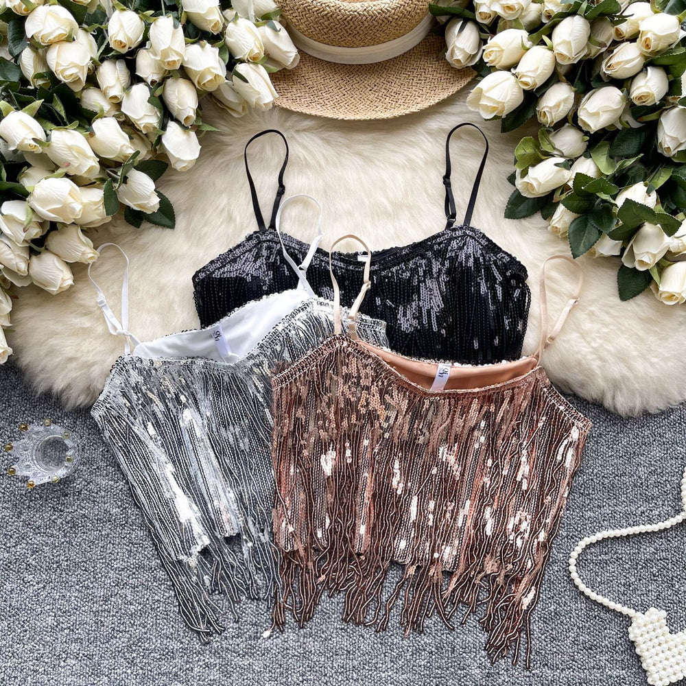 Fringed camisole top - women's sexy dance performance outfit - sweet & spicy halter top with sequins - sparkling cropped chic top
