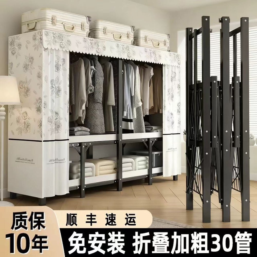 Foldable wardrobe - no assembly required, easy home use, bedroom steel frame, reinforced steel pipes, thickened, durable clothes rack for rental properties