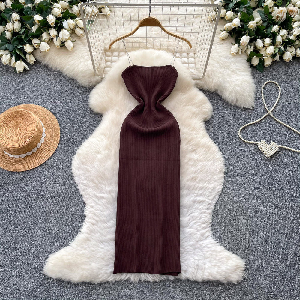 Luxury sleeveless chain strap knit dress - women's summer slimming sexy a-line dress - commute-friendly high-end maxi dress