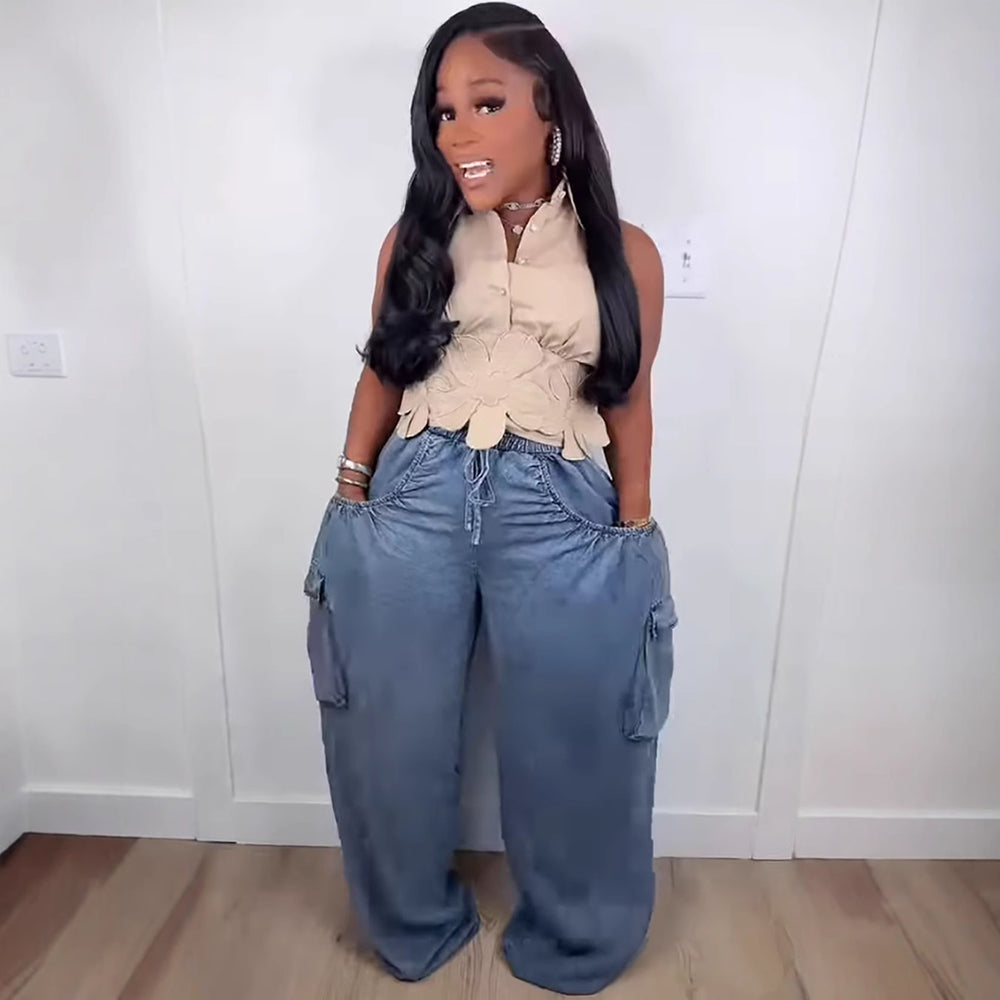 European and american style women's casual jeans -  cross-border fashion - elastic waist, drawstring tie, multi-pocket, straight-leg trousers