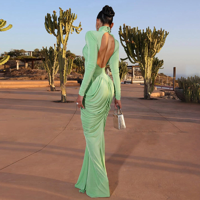 European and American  2025 autumn women's clothing new temperament solid color turtleneck backless splicing pleated thin dress