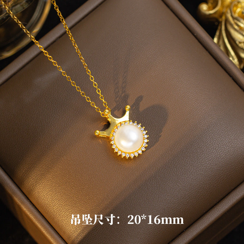 【set】bestselling titanium steel necklace for women, gold-plated copper pearl crown pendant, stud earrings, unique design, high-end jewelry set