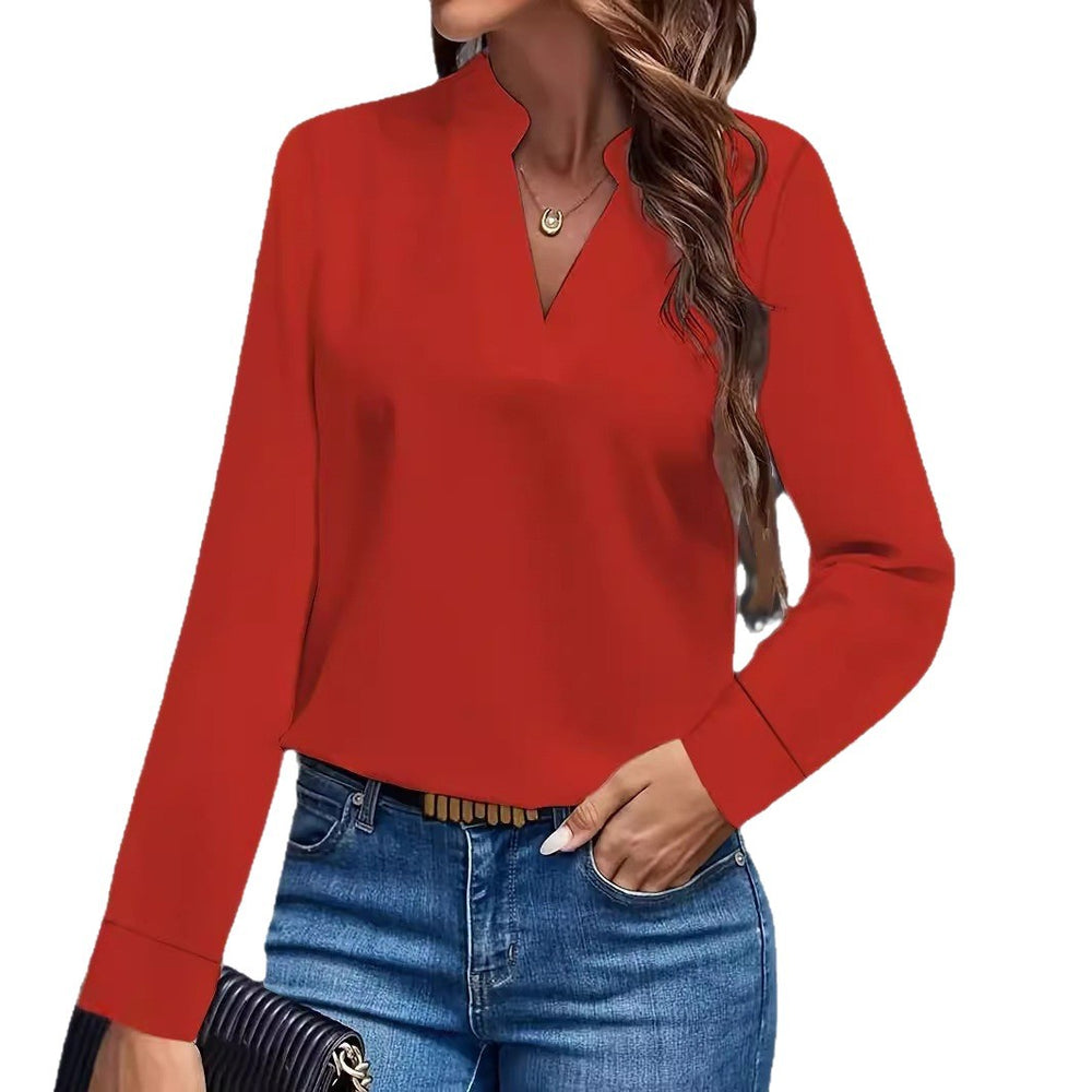 2024 independent station wish amazon hot style autumn casualpure color v neck loose shirt tops women