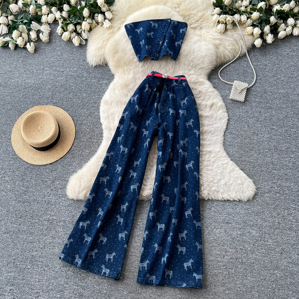 American retro slim-fit denim set: women's bandeau top & high-waisted flare jeans two-piece - summer slimming look