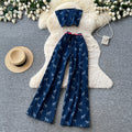 American retro slim-fit denim set: women's bandeau top & high-waisted flare jeans two-piece - summer slimming look