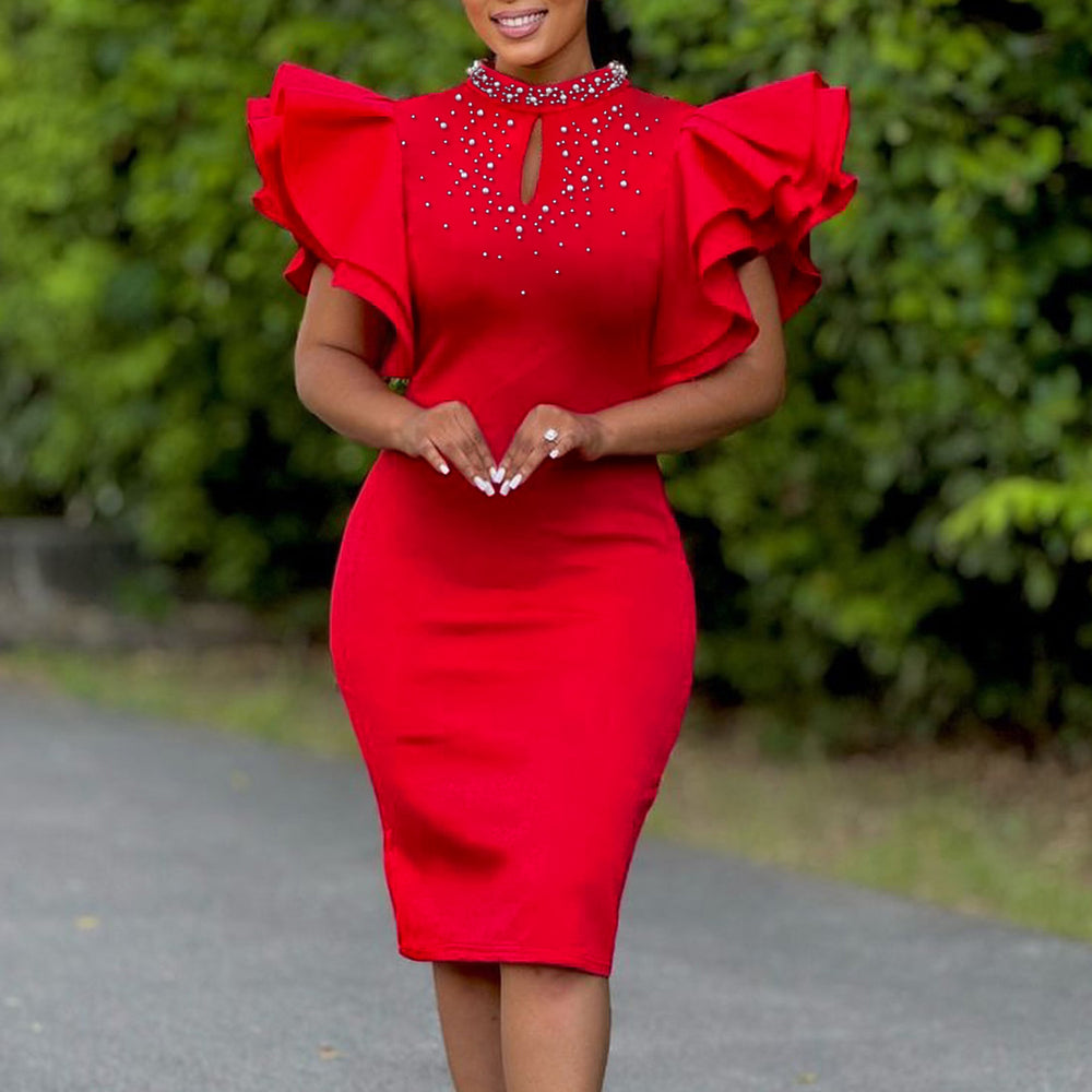 Women's foreign trade fashion:  new sexy ruffle sleeve beaded party evening gown african dress