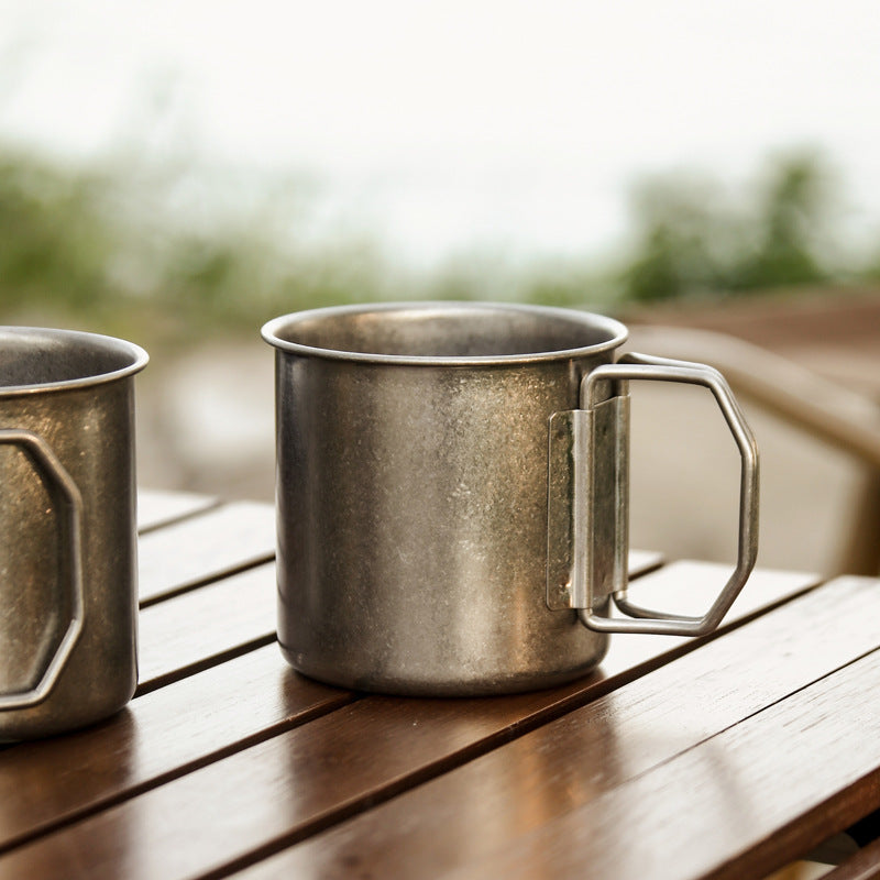 304 vintage distressed single-layer outdoor folding cup with handle - portable camping water cup, industrial style coffee mug, beer cup