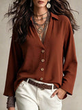 Women's relaxed fit top - brick red v-neck cardigan with drapey, pleated fabric and long sleeves - wholesale