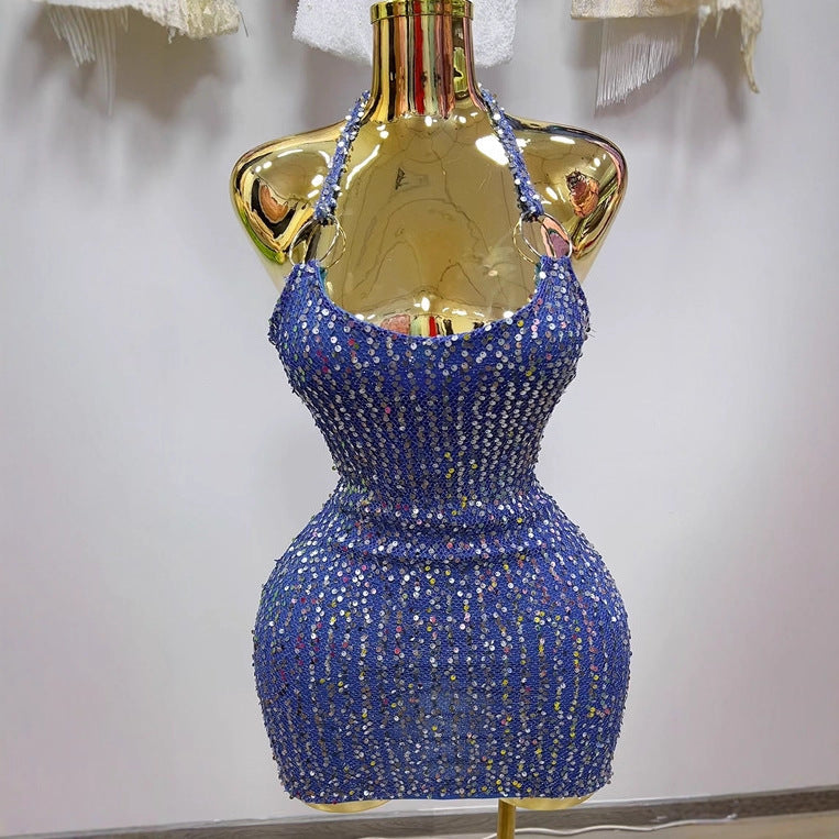 Export supply haltersexy waist sequin short skirt performance nightclub suspender ultra-short dress
