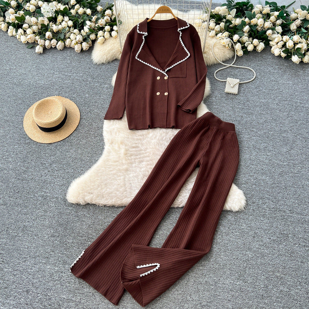 Xiaoxiangfengfashion western style suit collar long sleevesknittingtops women's high waistloose straight-leg pantsautum outfitsuit