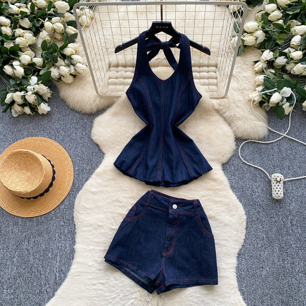 Spicy girl style halter denim vest and shorts two-piece set - women's summer slim-fit, figure-flattering, chic outfit for work and casual wear