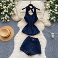 Spicy girl style halter denim vest and shorts two-piece set - women's summer slim-fit, figure-flattering, chic outfit for work and casual wear