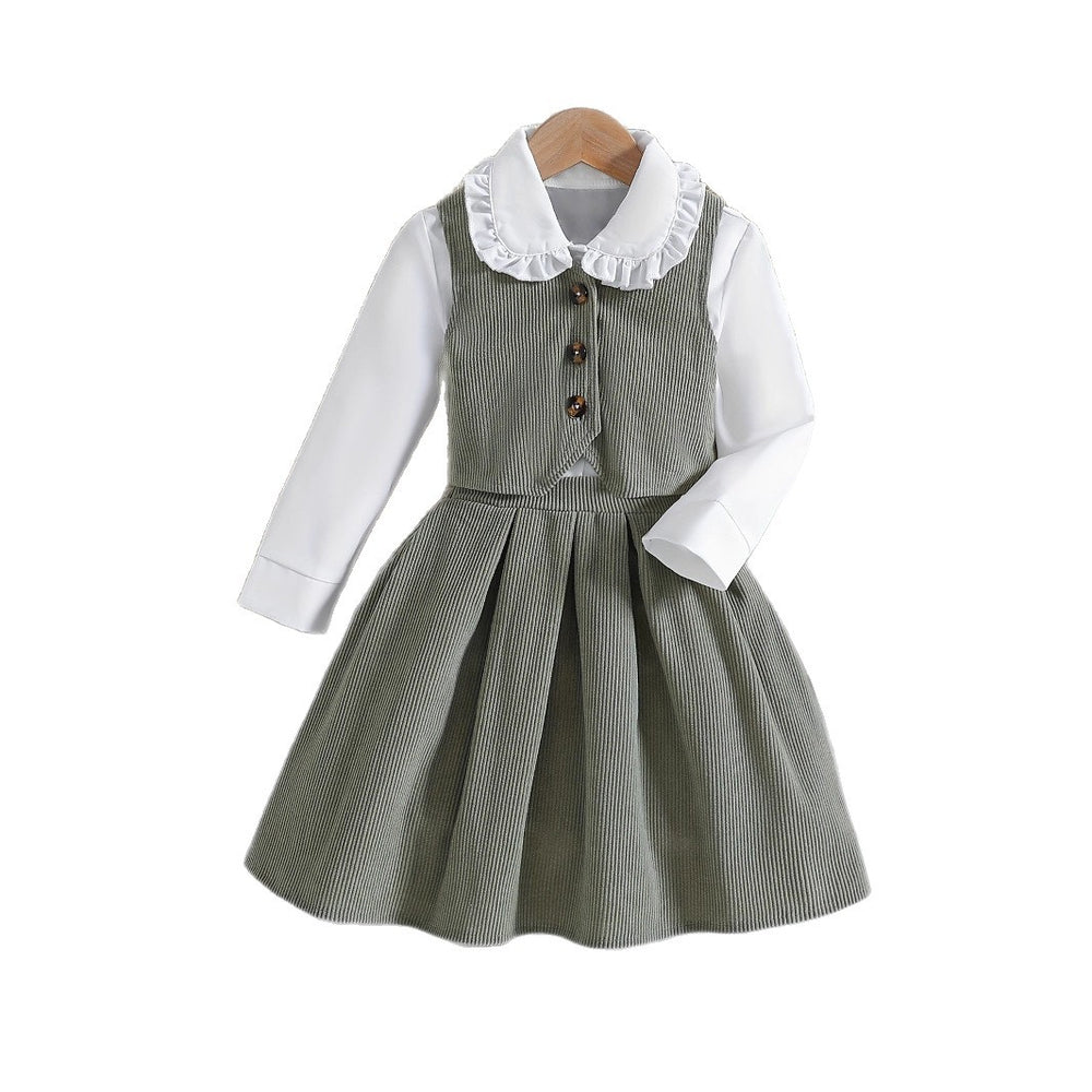 girlsuit doll collar long sleevesshirt light gray corduroy vest skirt kids three-piece suit