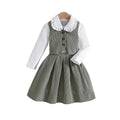 girlsuit doll collar long sleevesshirt light gray corduroy vest skirt kids three-piece suit