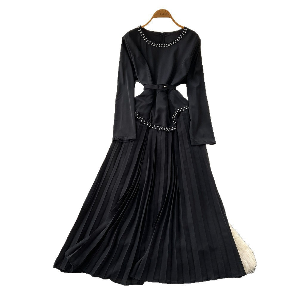 Korean style red long-sleeved a-line bodycon dress - women's spring/summer commute-friendly, slimming, pleated maxi skirt
