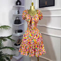 Printed floral shirred waist bow tie sexy european and american african  set skirt and top