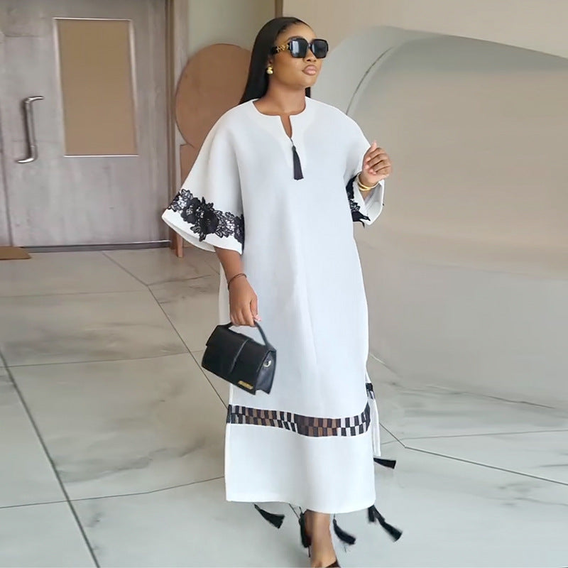 European and american women's clothing  autumn new collection: sweet and fresh v-neck batwing sleeve loose waist straight a-line maxi dress