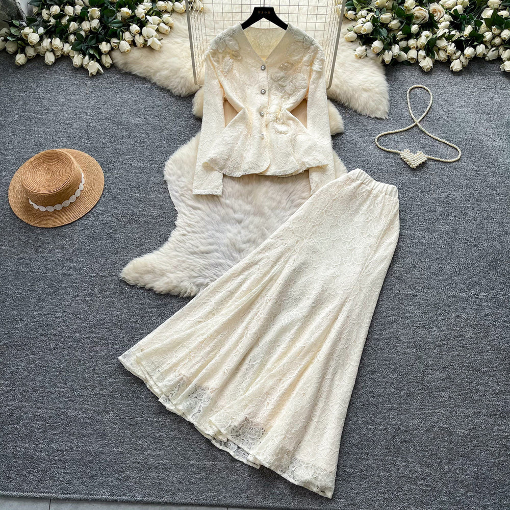 French chic v-neck embroidered beaded lace two-piece set - women's autumn commute slim-fit high-end elegant outfit
