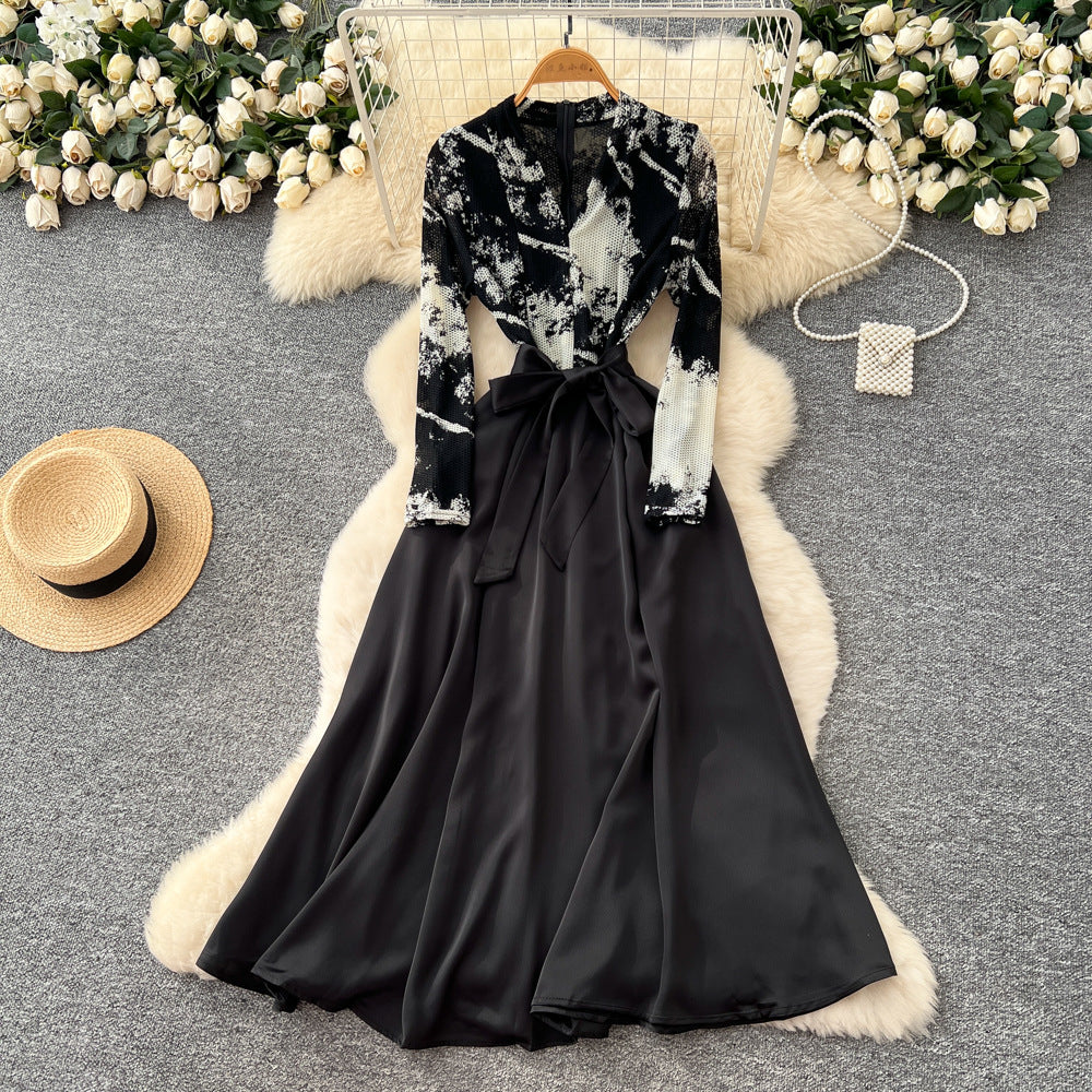 High-end elegant women's dress - 2025 autumn french style mesh print long sleeve patchwork tie-waist maxi dress