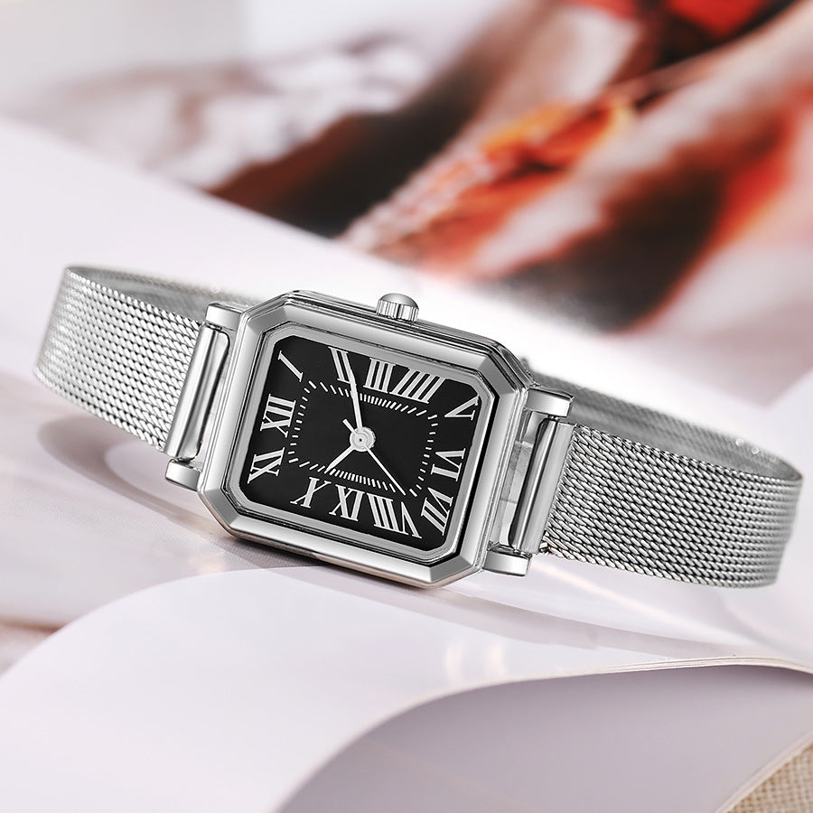 Vintage small square dial elegant student watch niche high-end metal mesh strap women's quartz watch wholesale