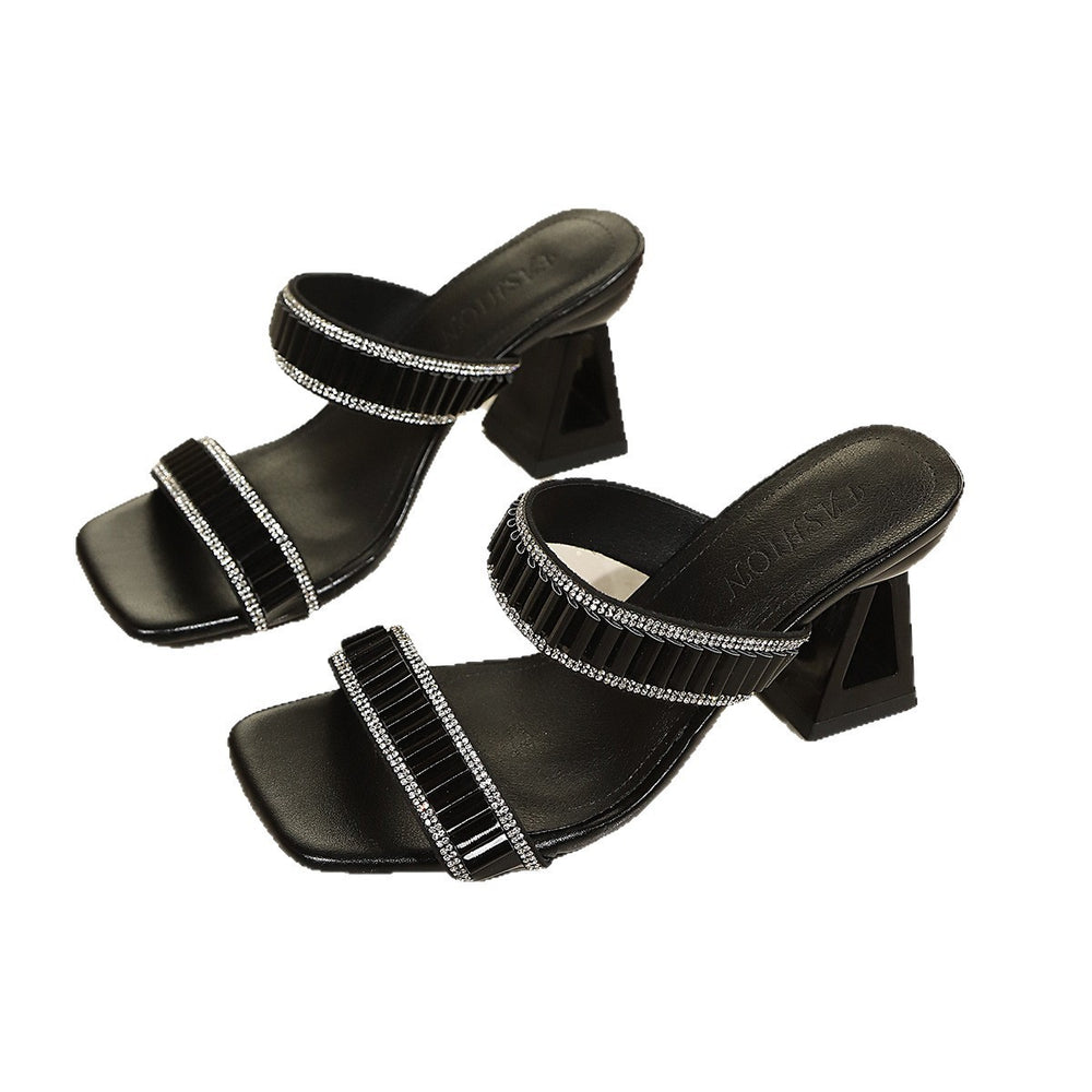 Plus size french style high heel slippers for women - 2026 summer new fashion versatile rhinestone ankle strap high heel sandals