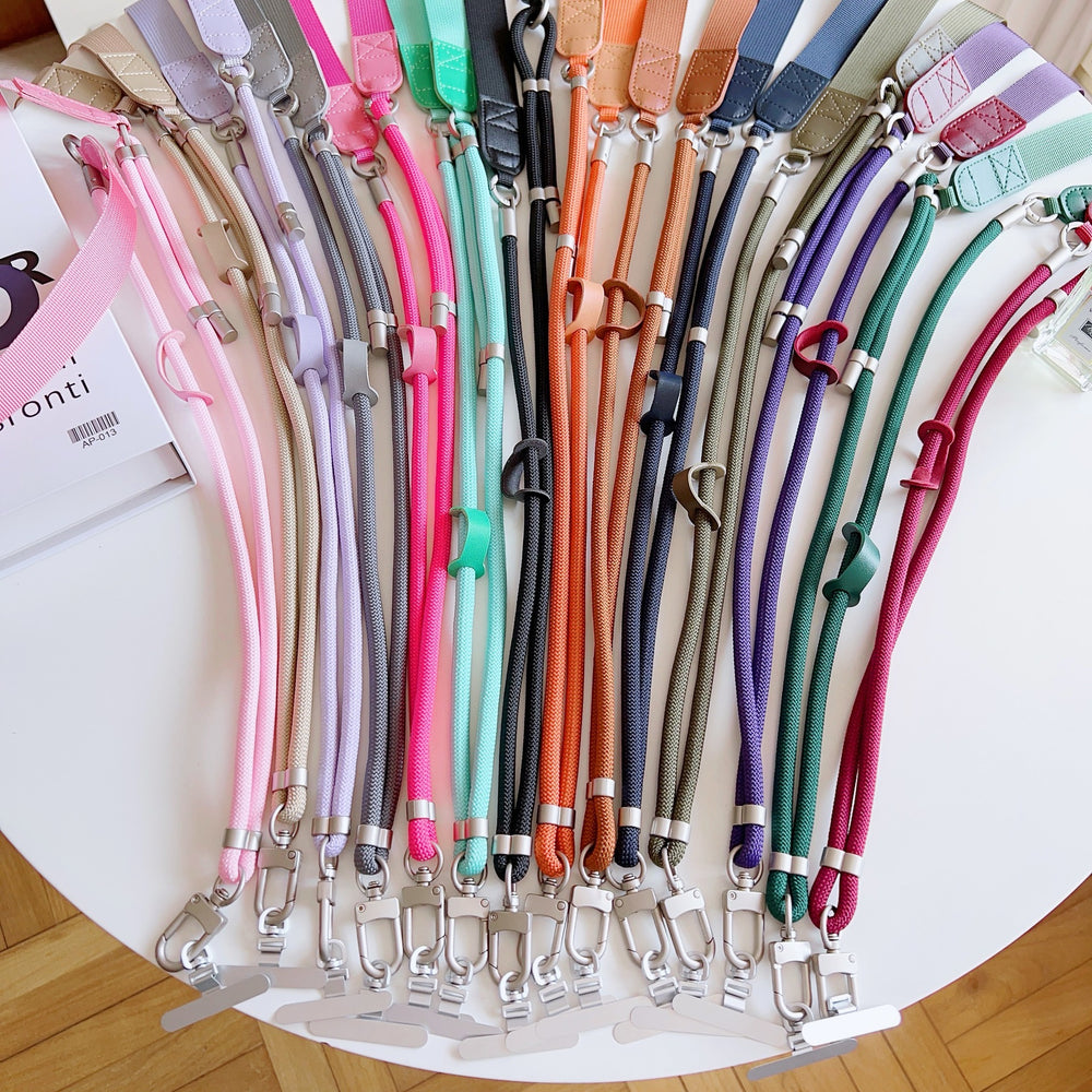 Trendy wide shoulder strap crossbody phone case lanyard with lambskin patchwork, adjustable strap, anti-lost chain for outdoor travel