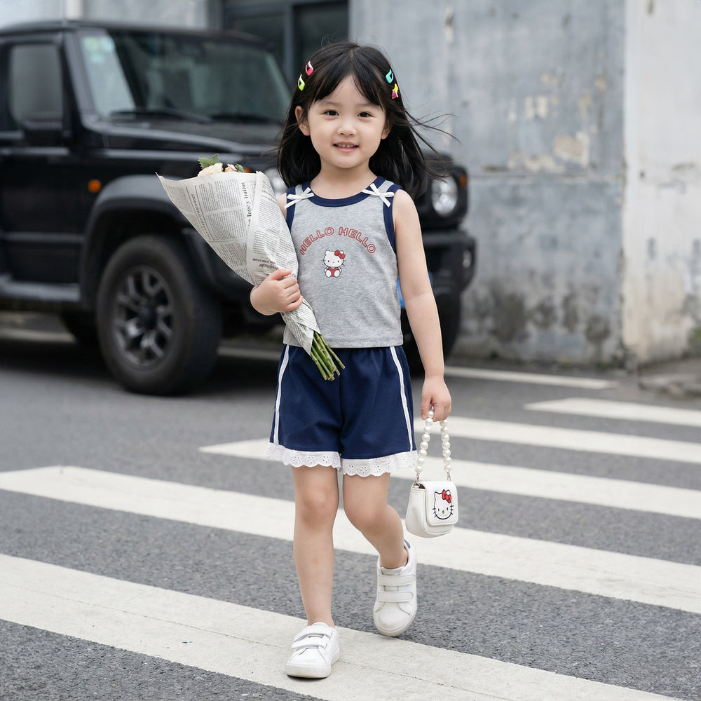 Girls' summer outfit: new 3d bowknot cartoon print tank top and lace shorts set - wholesale & dropshipping available