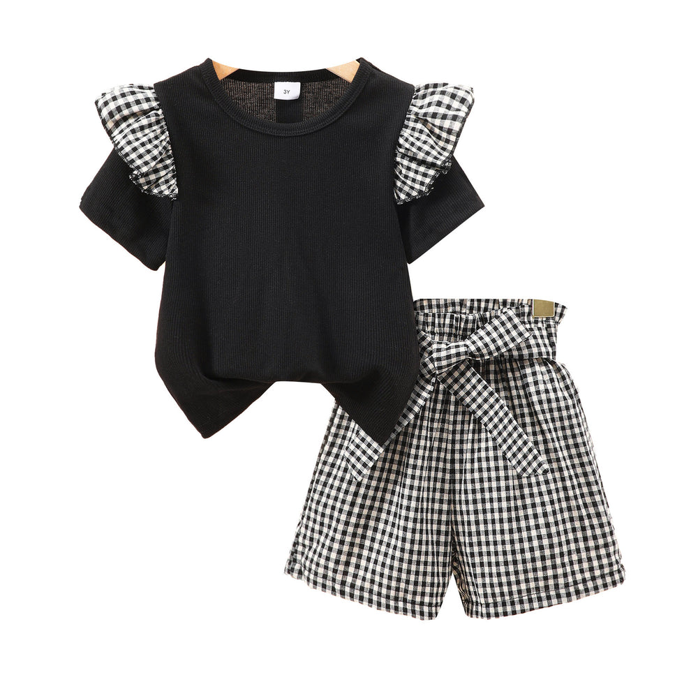 Children's round neck short-sleeved pure colortopsplaid shortssuit