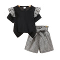 Children's round neck short-sleeved pure colortopsplaid shortssuit