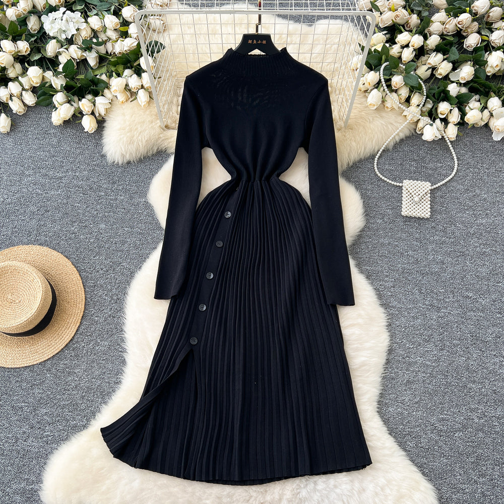 Sweaterdress women's inner wear classy sense waist slimming lookelegant button design pleated knitting bottom skirt long skirt