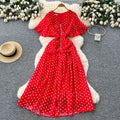 French-style embellished v-neck flared sleeve bodycon dress - women's 2025 summer slimming chic polka dot chiffon maxi dress