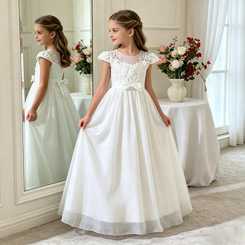 fashion stylegirl dress white lacepatchworkelegancefrench long skirt chiffon kids skirtin stock