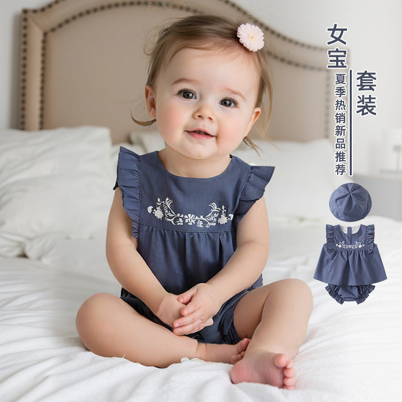 Girls' summer clothing  new korean style hooded three-piece set kids' outfit flutter sleeve embroidered baby set