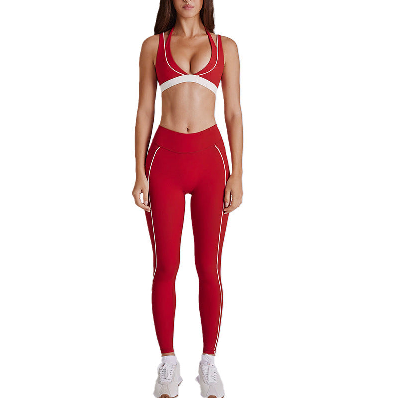 fake two-piececontrast color white striped running fitness shorts v neckhalter sports intimates bra yoga suit