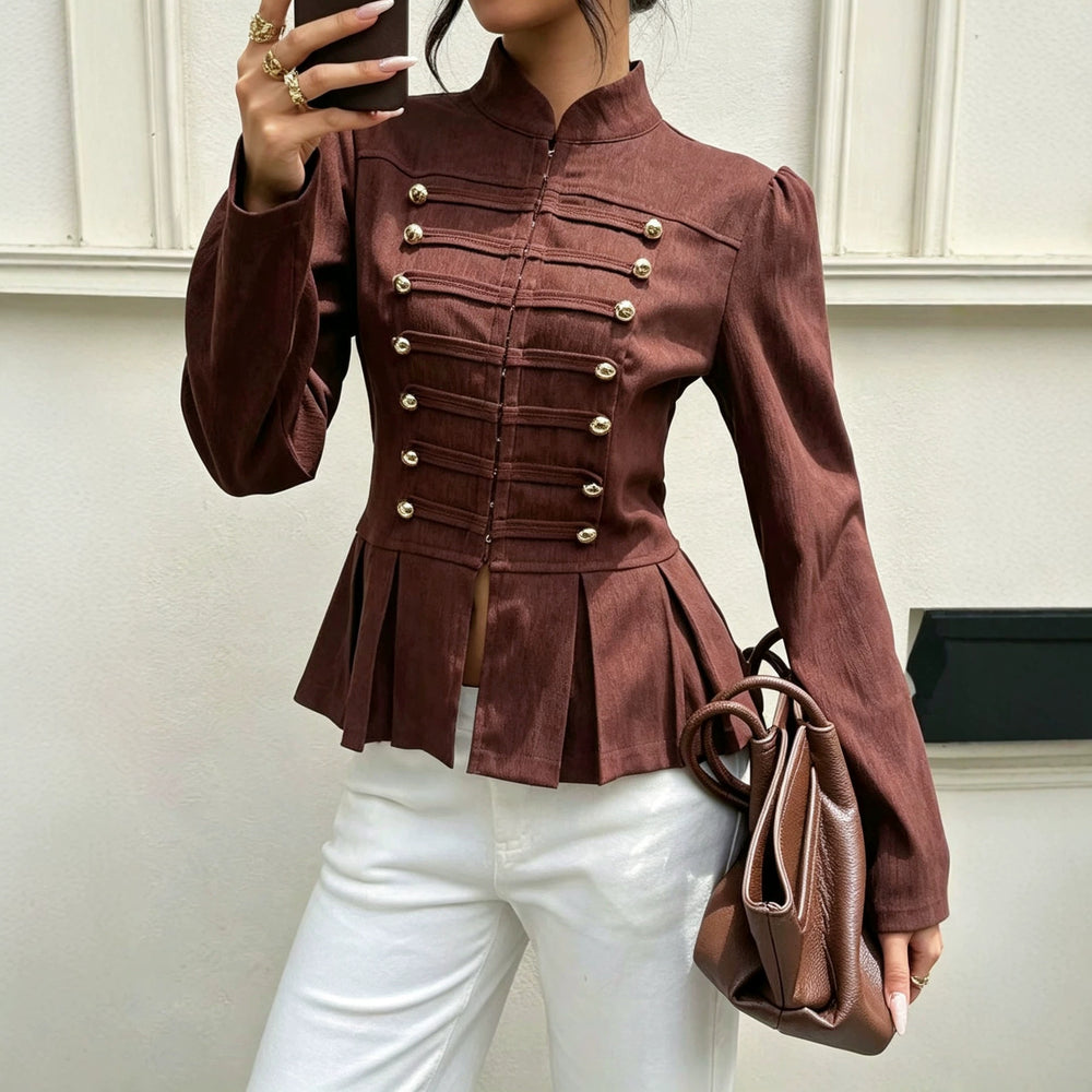 new european and american cross-border fashion: french retro chic, versatile, waist-defining, slim-fit, stand collar, long sleeve jacket top