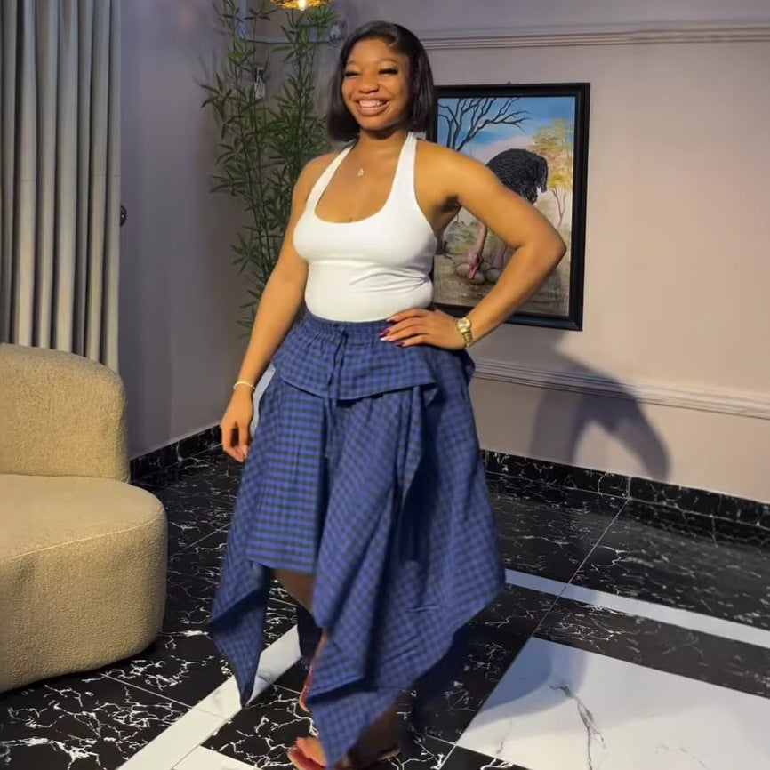 European and american cross-border women's fashion:  summer new arrival - high-waisted, slimming, tie-up, plaid, petite-friendly, asymmetrical midi skirt