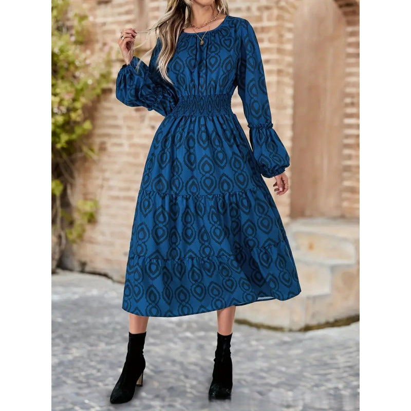 Shipped: european and american export women's clothing -  cross-border fashion geometric print casual long sleeve dress