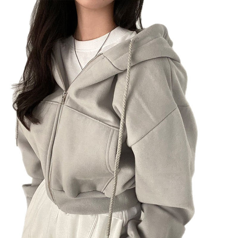 autumn new arrivals: ins-style fleece-lined, versatile, fashionable, short, slim-fit, zip-up, warm, solid color hooded sweatshirt for women