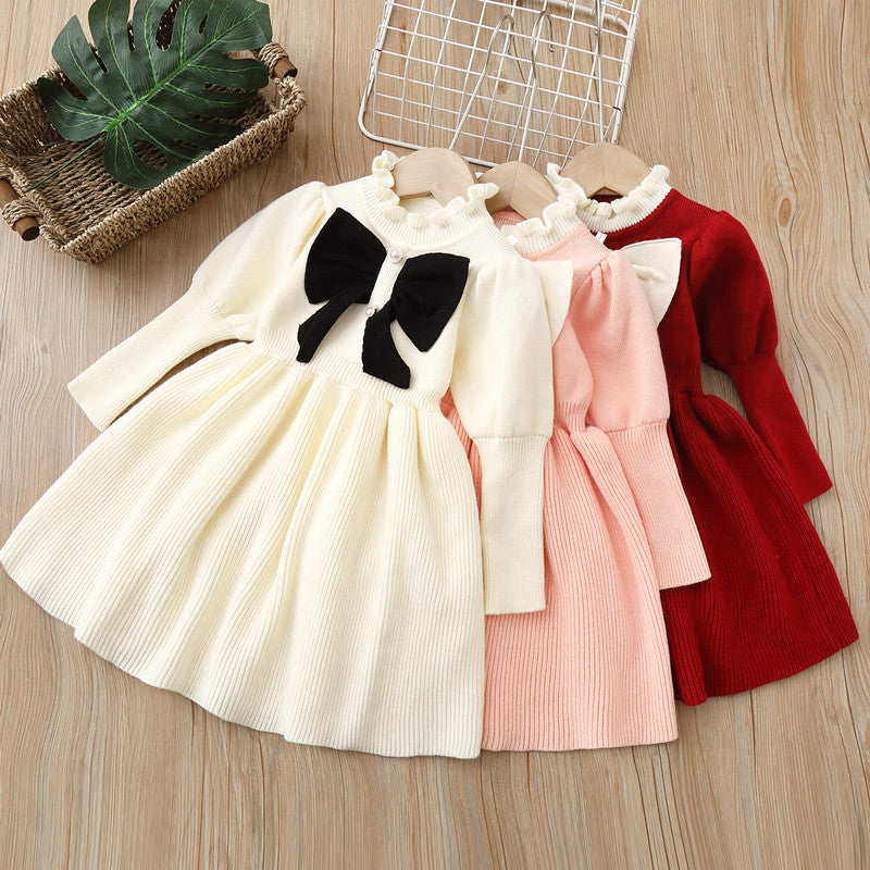 Girls' knit dress - new autumn/winter  collection - bow detail princess dress for baby girls