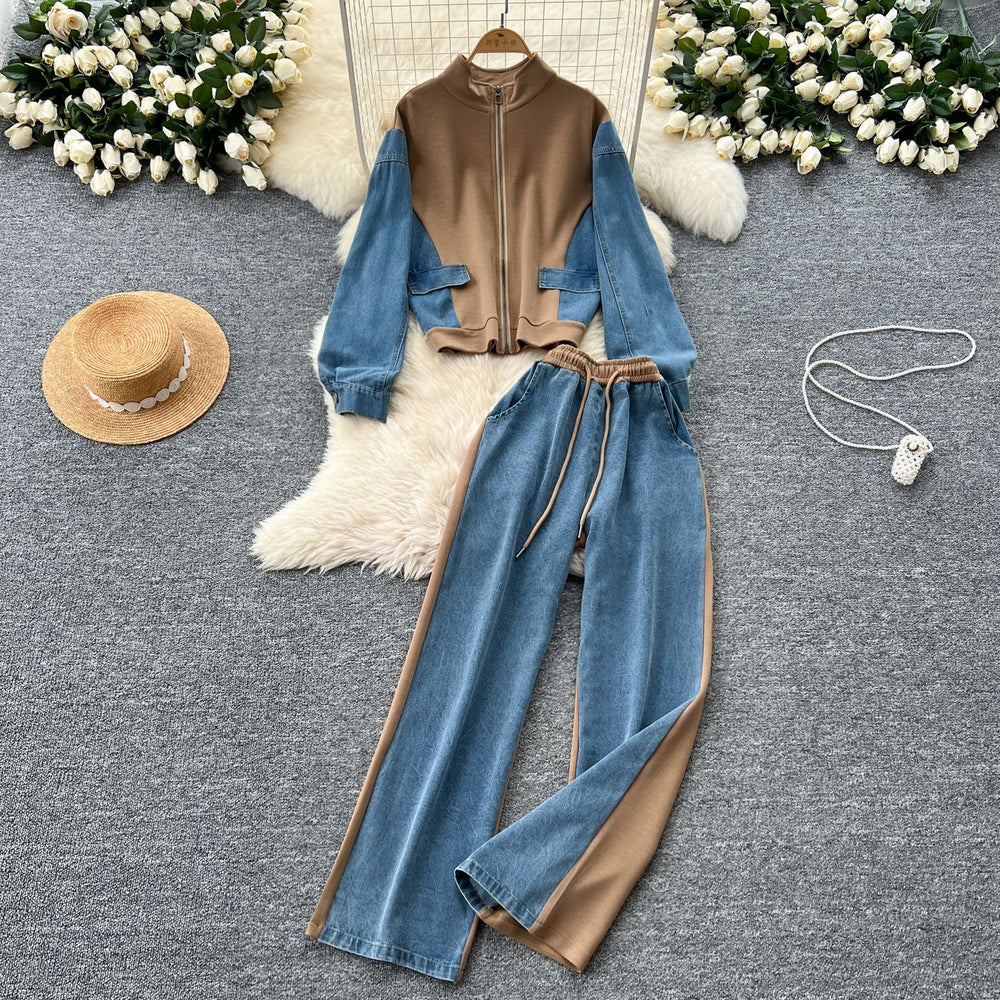 Fashionsuit women's hong kong style casualcontrast colorpatchwork stand collar zipper fake two-piece tops high waist denim wide leg pants