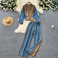Fashionsuit women's hong kong style casualcontrast colorpatchwork stand collar zipper fake two-piece tops high waist denim wide leg pants