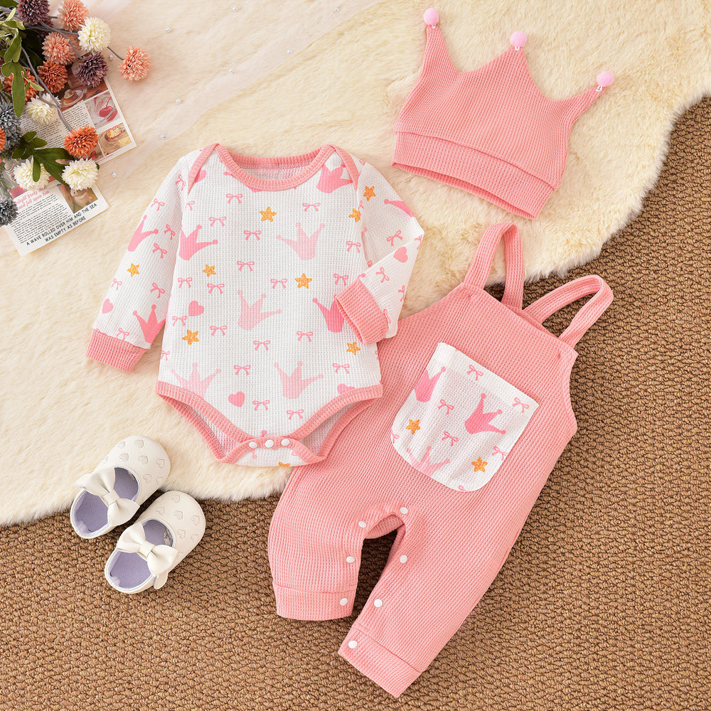 Baby girl cute bow crown print romper overalls set