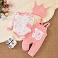 Baby girl cute bow crown print romper overalls set